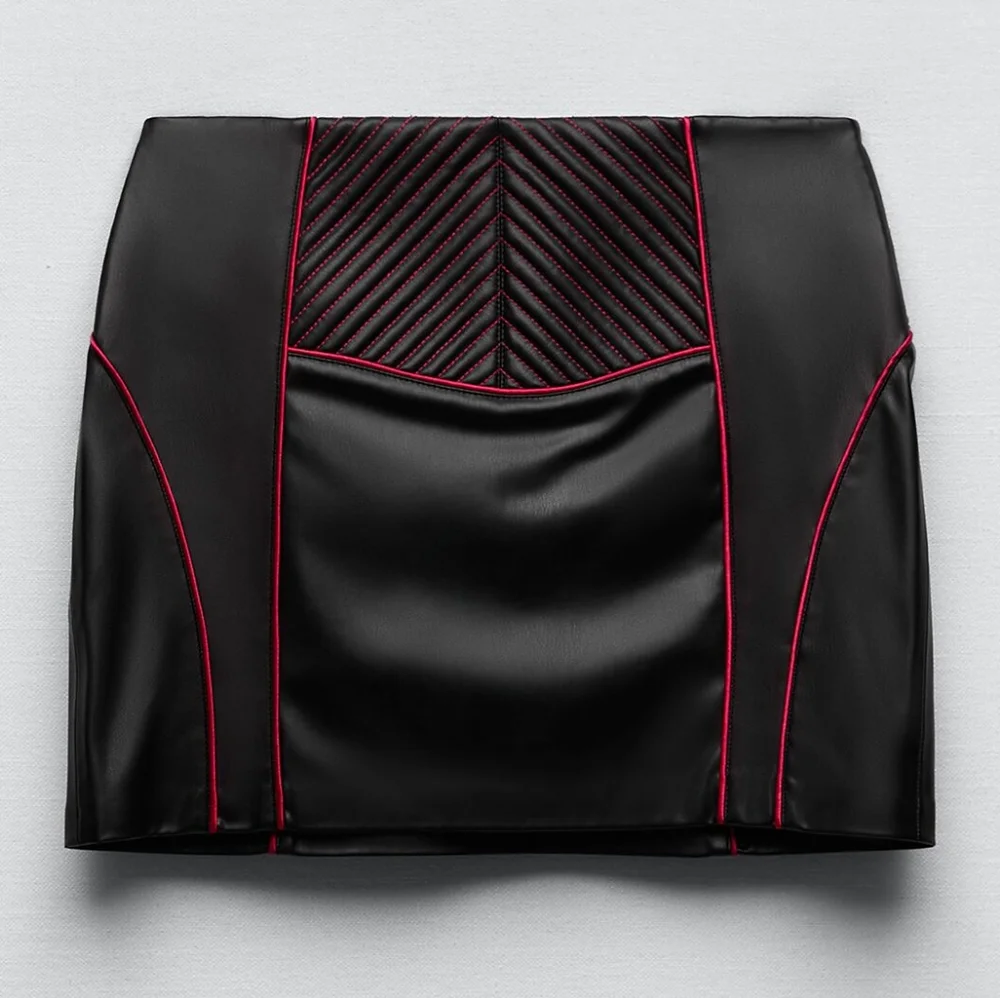 NWT ZARA Black/Red Moto Style Faux Leather Mini Skirt S - Picture 7 of 9